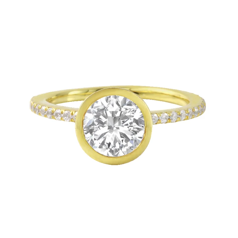 affordable engagement rings -Round Diamond Bezel Pavé Band Engagement Ring