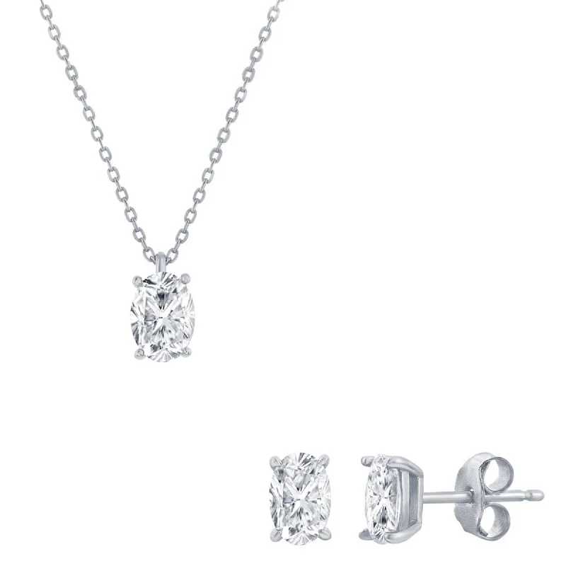 best everyday necklaces for women -Classic Women's Necklace and Earrings Set - Silver Solitaire Oval White CZ | SET-618