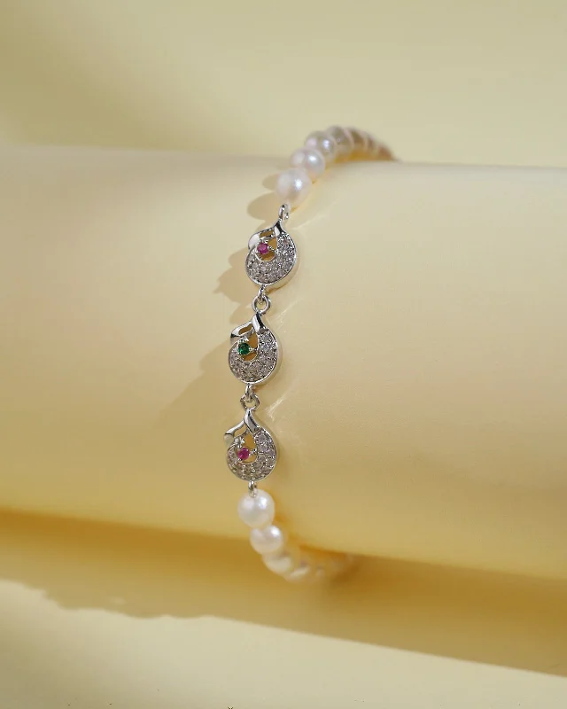 pave diamond bracelets for women -Pretty White 1 lLine Pearl Bracelet