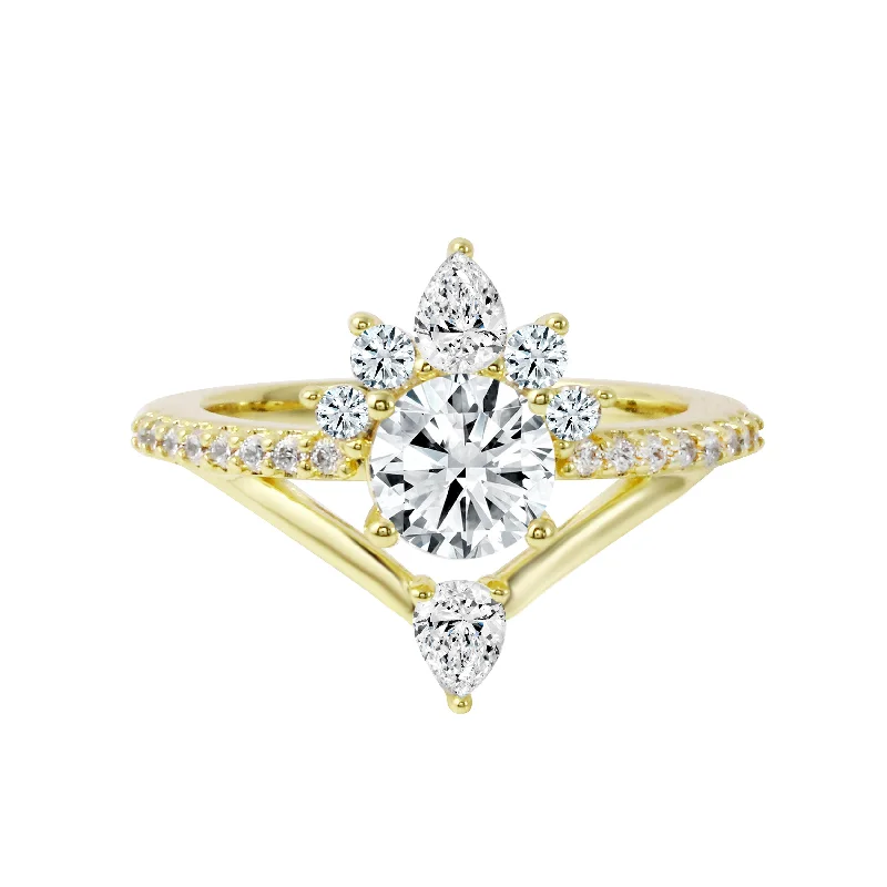 bold statement engagement rings -Round Diamond Starburst V-Shaped Engagement Ring