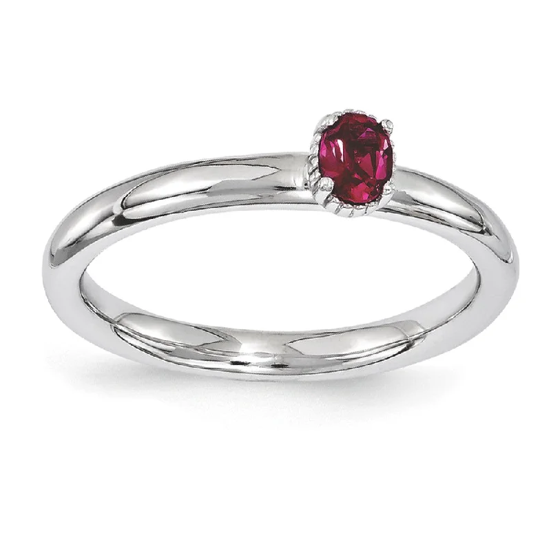 eternity rings for women -Sterling Silver Stackable Created Ruby Oval Single Stone Ring