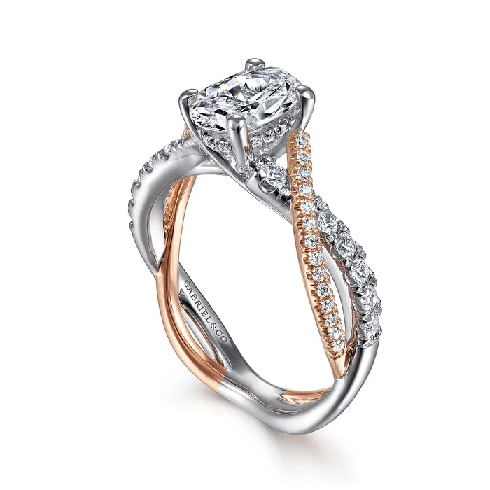 rose gold engagement rings -14K White-Rose Gold Oval Diamond Twisted Engagement Ring