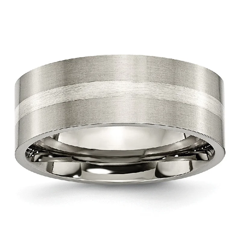 simple band rings for women -Titanium & Sterling Silver Inlay, 8mm Satin Flat Comfort Fit Band