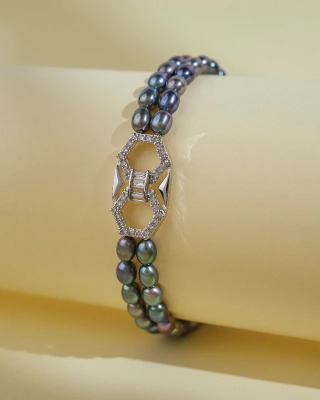 bangle bracelets for women -Trendy Black 2 Line Pearl Bracelet