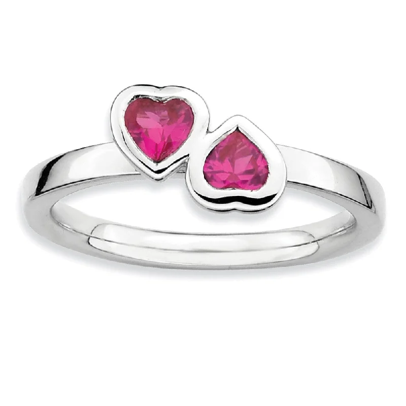 gold-plated rings for women -Sterling Silver Stackable Double Heart Created Ruby Ring