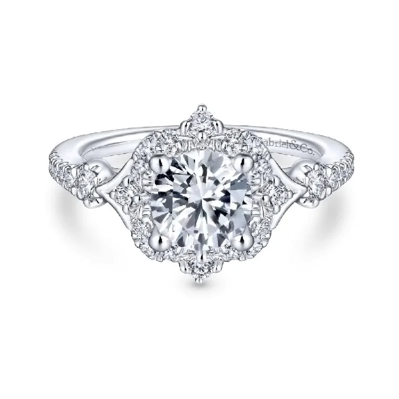 trendy engagement rings -14K White Gold Diamond Four Point Diamond Halo Semi Mount Engagement Ring