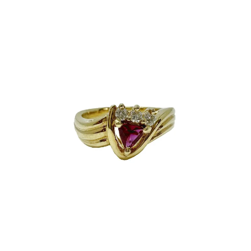 celestial rings for women -18K Gold Ring with Triangular Ruby and 3 Baguette Diamonds