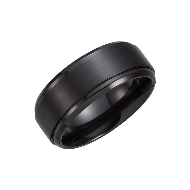 signet rings for women -9mm Black Titanium Ridged & Beveled Edge Comfort Fit Band