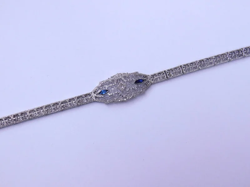 high-quality gold bracelets for women -14K ART DECO BRACELET WITH DIAMOND AND BLUE GLASS