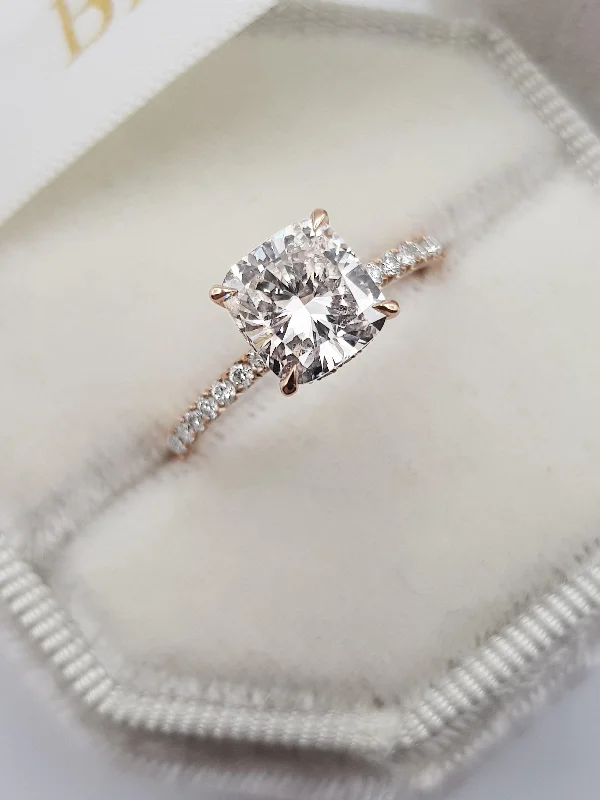 baguette engagement rings -2 Carats Cushion Cut Micropave Side Stones Hidden Halo Diamond Engagement Ring