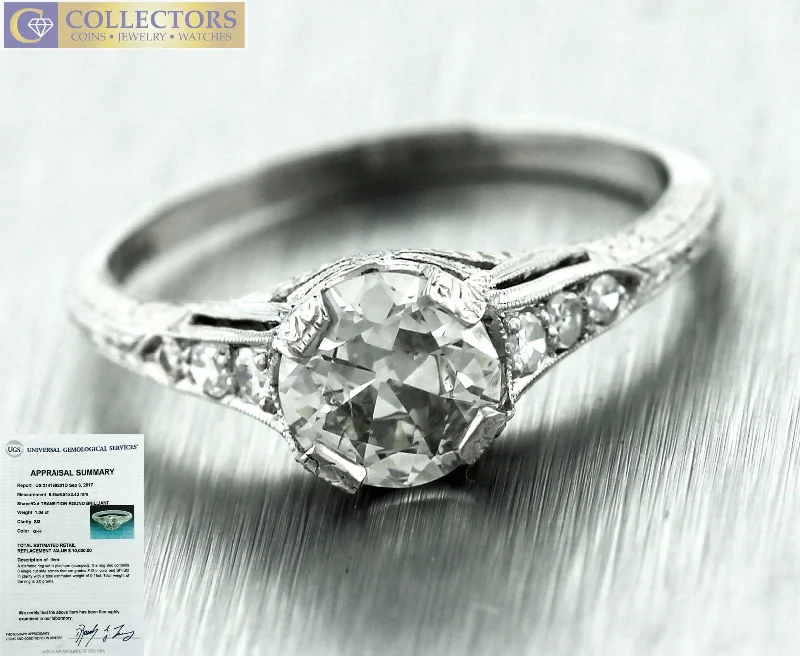 unique engagement rings -Ladies Art Deco Platinum 1.04ctw Transition Round Diamond Engagement Ring EGL