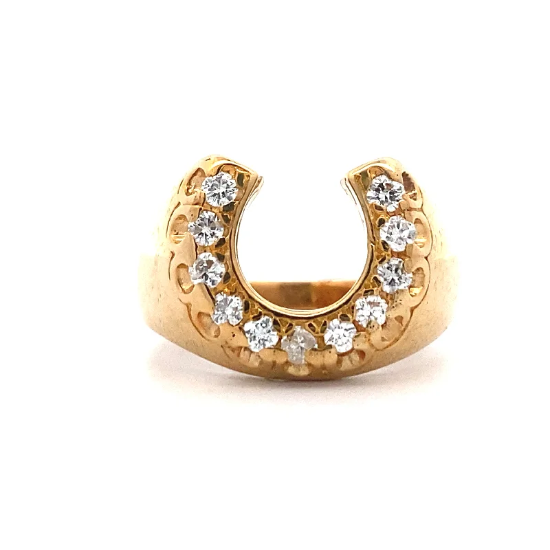 cubic zirconia solitaire rings -Estate Mens DIamond Horseshoe Ring in Yellow Gold