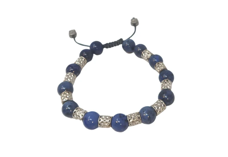 simple bracelets for women -Gunmetal Sterling Silver Golden Blue Obsidian Beaded Mens Bracelet