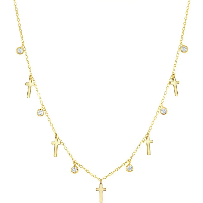 adjustable necklaces for women -Classic Women's Necklace - Alternating GP Cross and Bezel-Set CZ | M-6802-GP