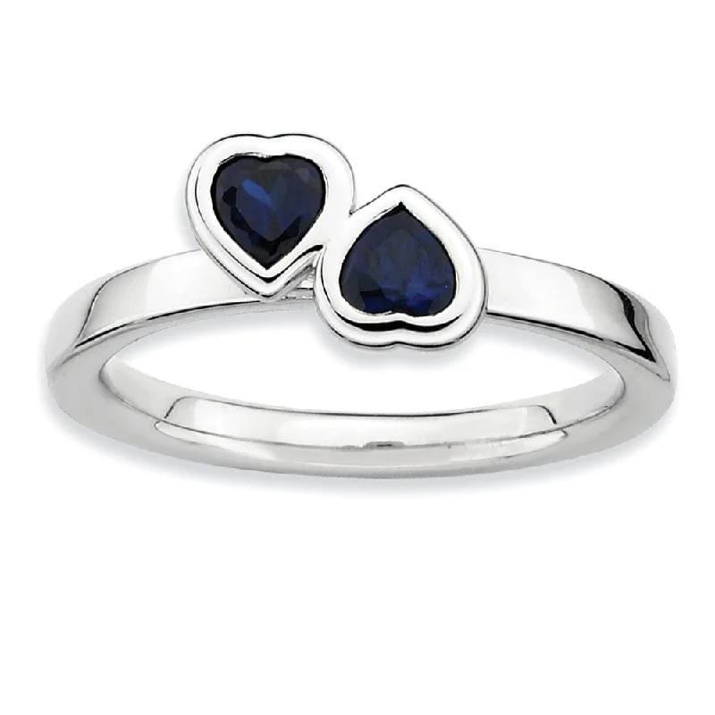 love knot rings for women -Sterling Silver Stackable Double Heart Created Sapphire Ring