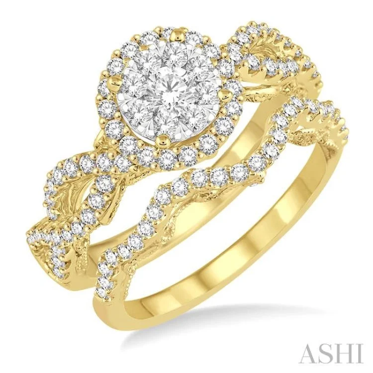 cathedral setting engagement rings -1 Ctw Round Cut Diamond Lovebright Bridal Set with 3/4 Ctw Engagement Ring and 1/5 Ctw Wedding Band in 14K Yellow and White Gold