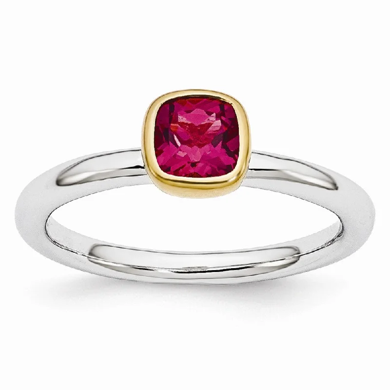 elegant promise rings for women -Two Tone Sterling Silver Stackable 5mm Cushion Created Ruby Ring