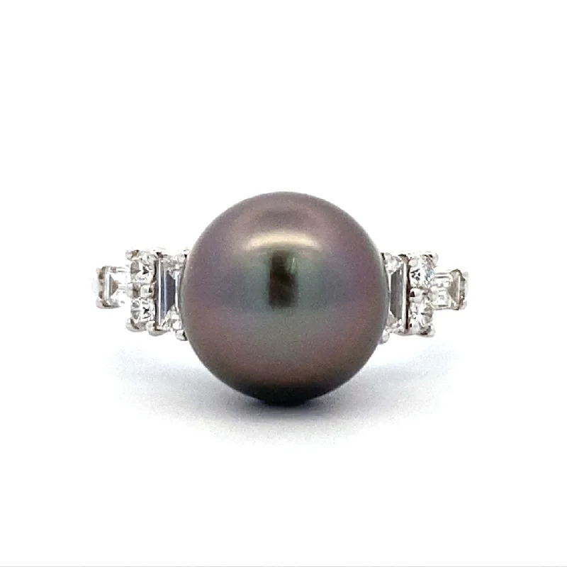 adjustable rings for women -Black Sea Pearl Ring in White Gold