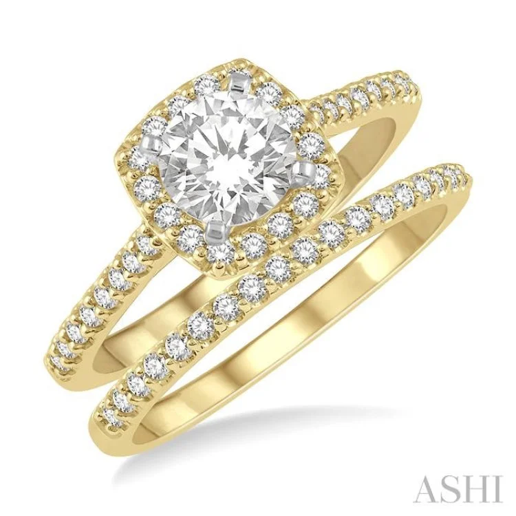 trendy engagement rings -1/2 Ctw Diamond Wedding Set With 3/8 Ctw Round Cut Engagement Ring and 1/10 Ctw Wedding Band in 14k Yellow and White gold