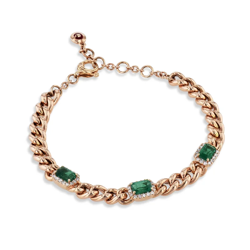 open heart bracelets for women -Emerald and Diamond Rose Gold Chain Link Bracelet