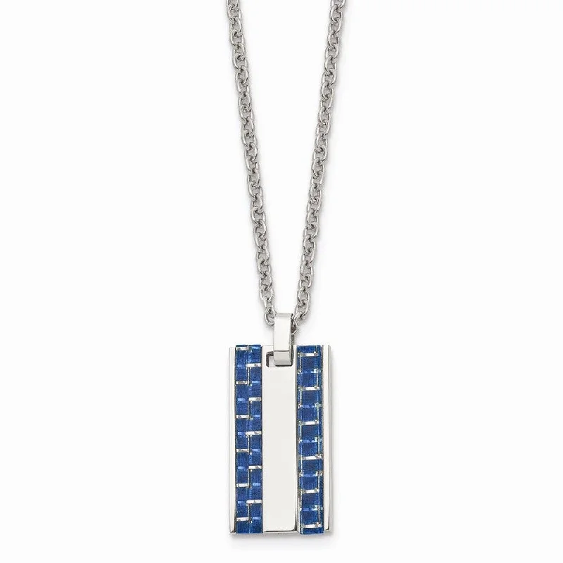 geometric necklaces for women -Stainless Steel Polished w/ Blue Carbon Fiber Inlay Small Dogtag Necklace