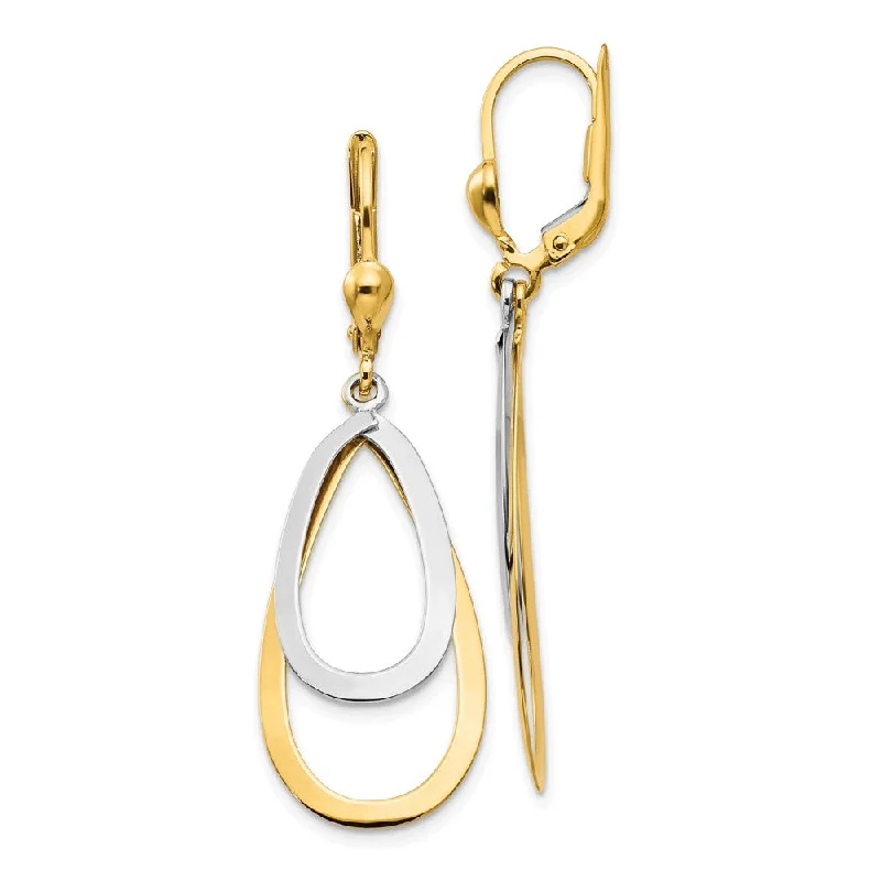 rose gold earrings for women -Double Teardrop Lever Back Earrings in 14k Yellow and White Gold