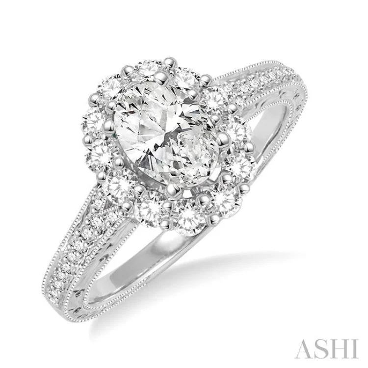 bridal set engagement rings -1 1/6 Ctw Diamond Engagement Ring with 5/8 Ct Oval Cut Center Stone in 14K White Gold