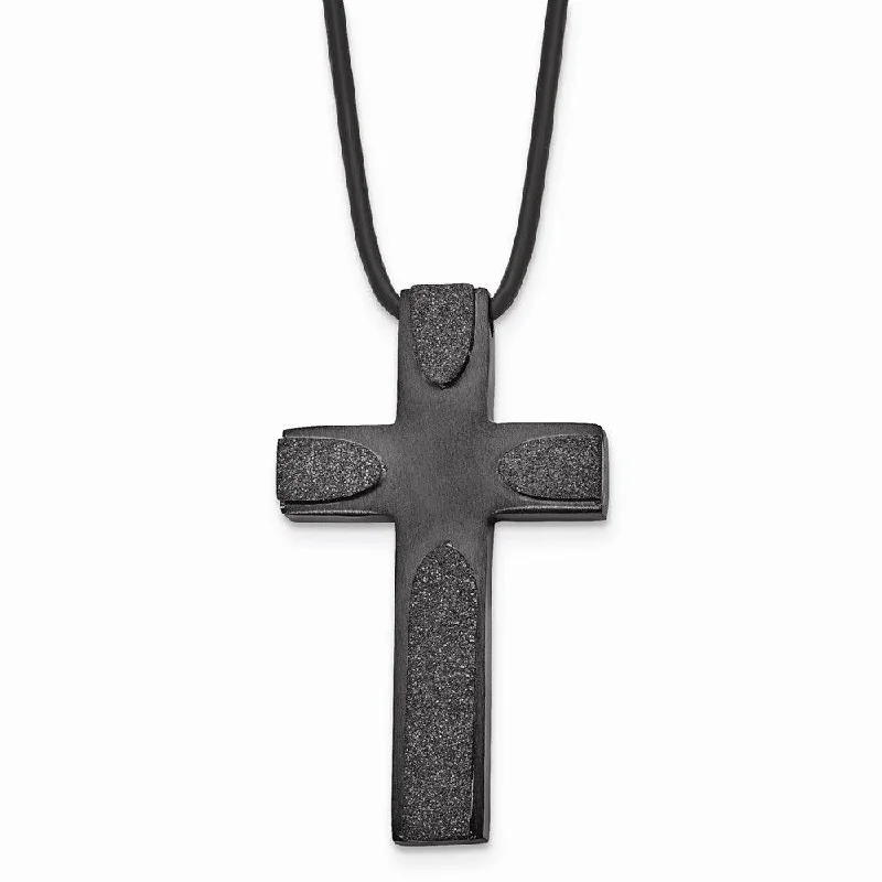 diamond necklaces for women -Stainless Steel Brushed LaserCut Blk IP Cross w/Leather Cord Necklace