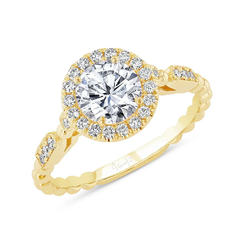 solitaire engagement rings -Uneek Us Collection Round Diamond Halo Engagement Ring, with High Polish Bead Accents and Milgrain-Trimmed Pave Bars