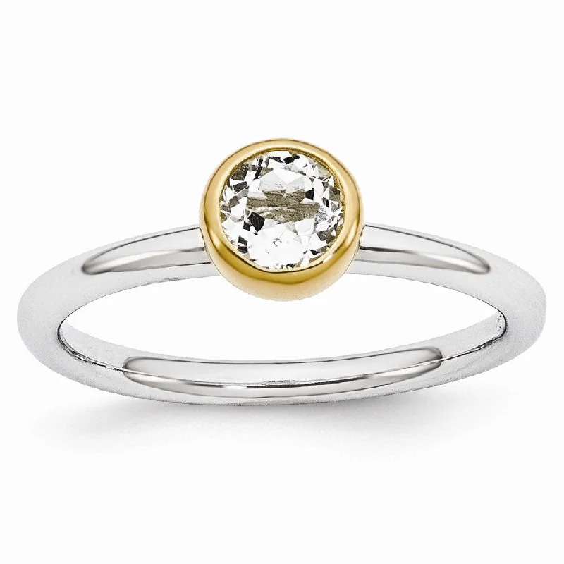 open rings for women -Two Tone Sterling Silver Stackable 5mm Round White Topaz Ring