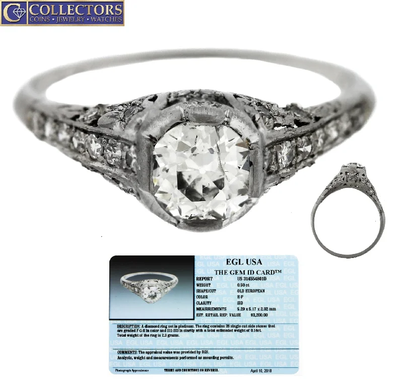 promise engagement rings -Ladies Antique Art Deco Platinum 0.64ctw Diamond Filigree Engagement Ring EGL