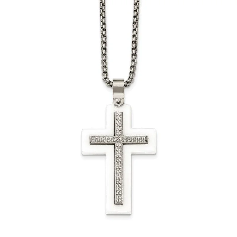 minimalist necklaces for women -Stainless Steel Polished White Ceramic Cross CZ 23.75in Necklace