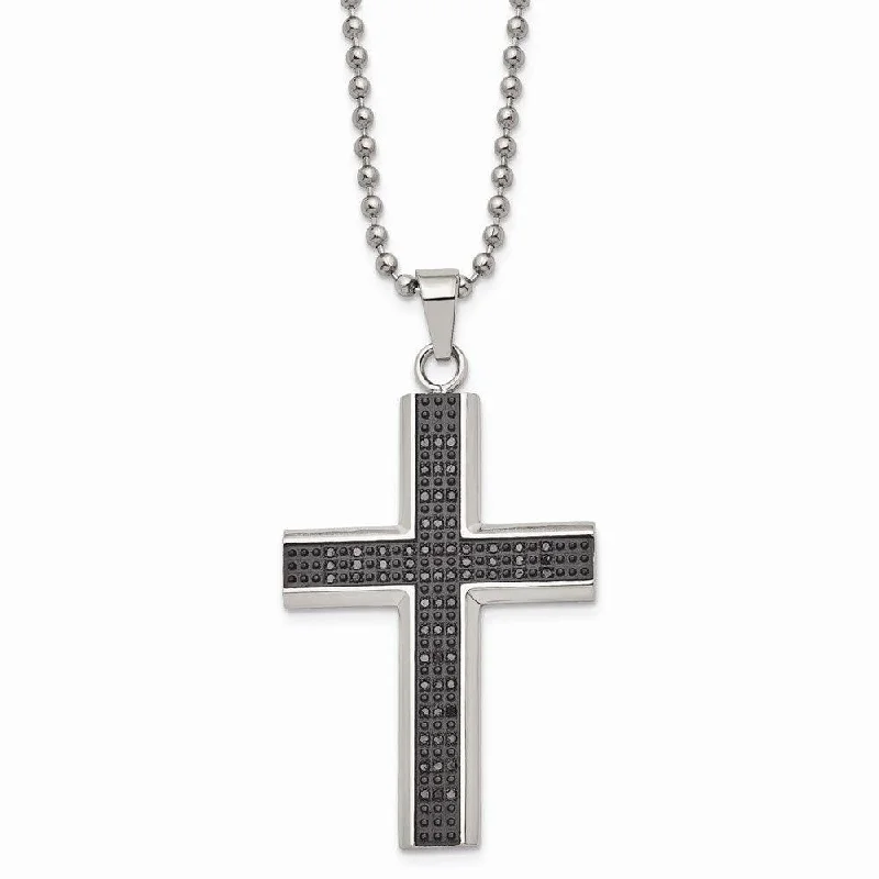 simple pendant necklaces for women -Stainless Steel Polished Black Rhodium Black Diamond Cross Necklace