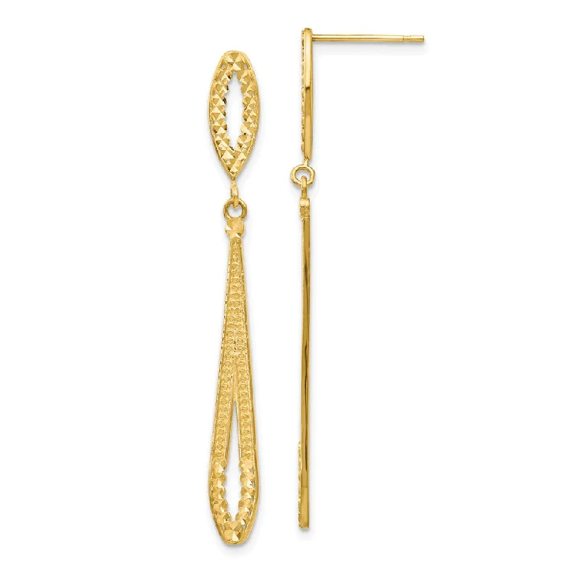 high-quality gold earrings for women -Long Textured and Diamond-cut Dangle Post Earrings in 14k Yellow Gold