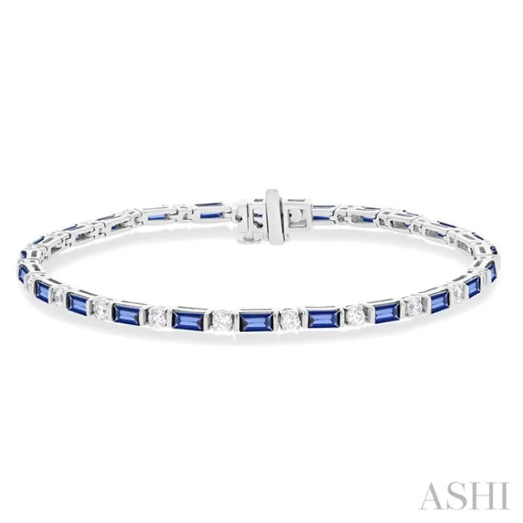 heart-shaped bracelets for women -1 1/10 ctw Art Deco 4X2MM Baguette Cut Sapphire and Round Cut Diamond Precious Tennis Bracelet in 14K White Gold