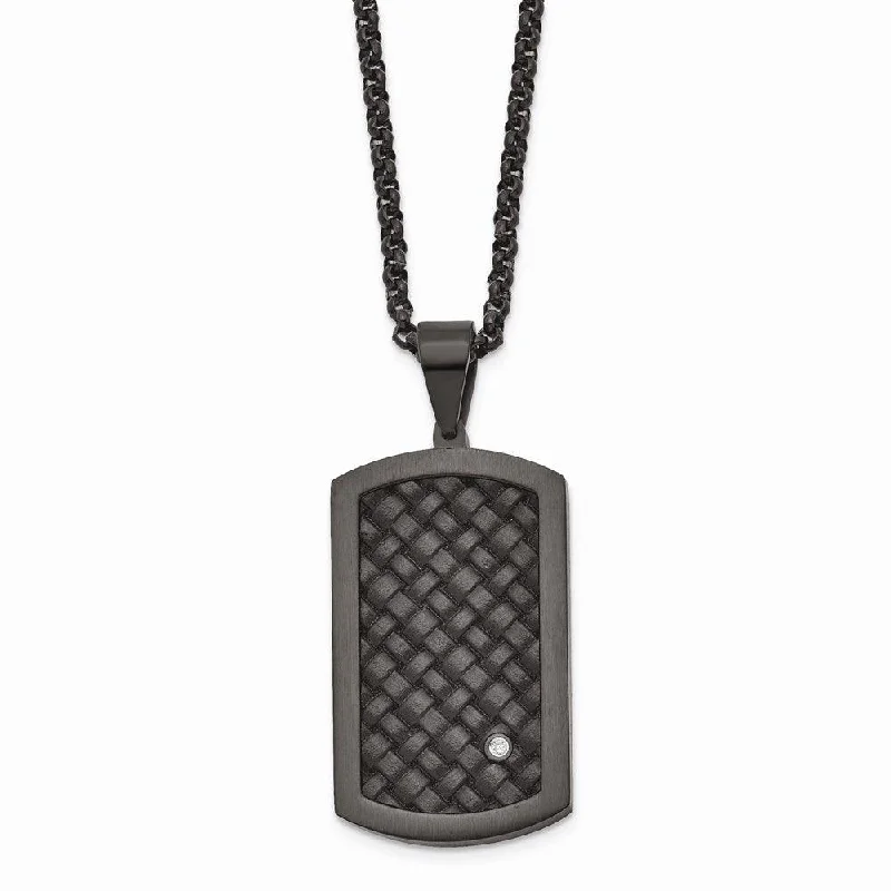 dainty necklaces for women -Stainless Steel Brushed Blk Leather Blk IP CZ Dogtag Necklace