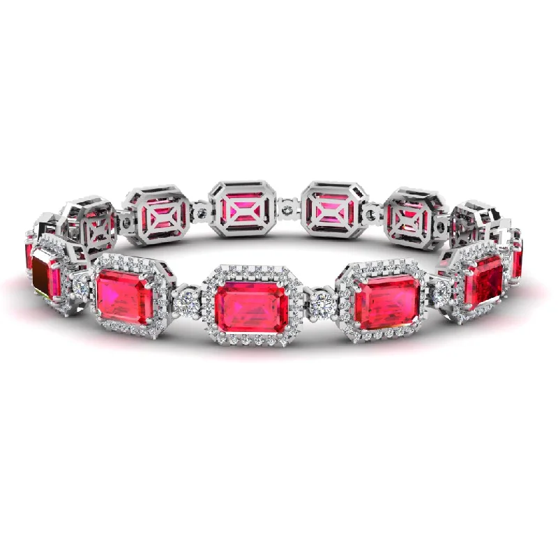 cubic zirconia bracelets for women -Emerald Shape 14 Carat Ruby Center Featuring Diamond Halo Bracelet BRHAEMR