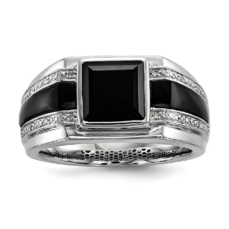 sapphire eternity rings for women -Mens White Diamond & Black Onyx 11.5mm Tapered Band in Sterling Silver