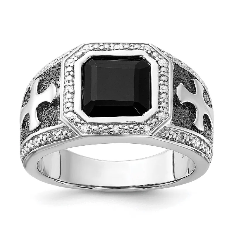 pearl rings for women -Black Onyx & Diamond Octagon & Cross Tapered Ring in Sterling Silver