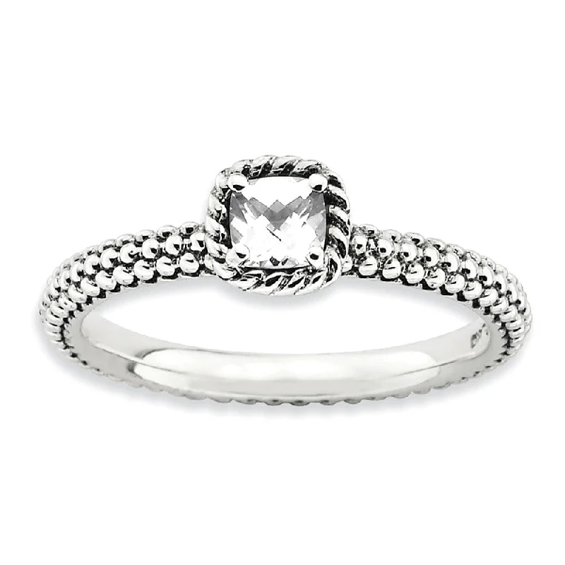 promise rings for women -Antiqued Sterling Silver Stackable White Topaz Ring