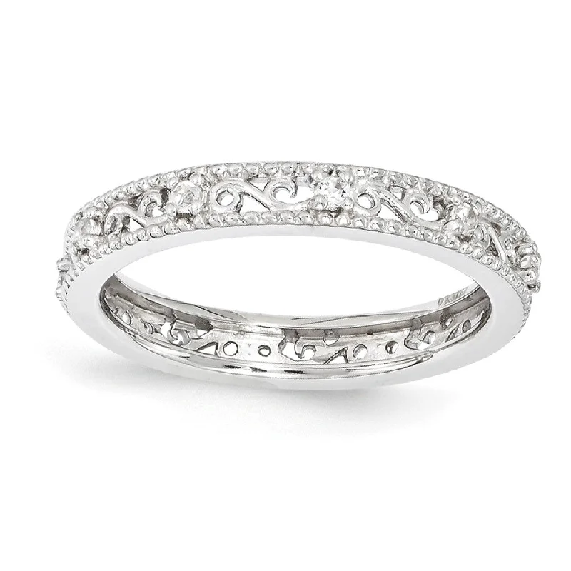 two-tone rings for women -3mm Sterling Silver Stackable Expressions White Topaz Scroll Band