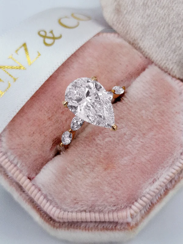 promise engagement rings -3.73 Carats Lab Grown Pear Shaped with Marquise Side Stones Hidden Halo Diamond Engagement Ring