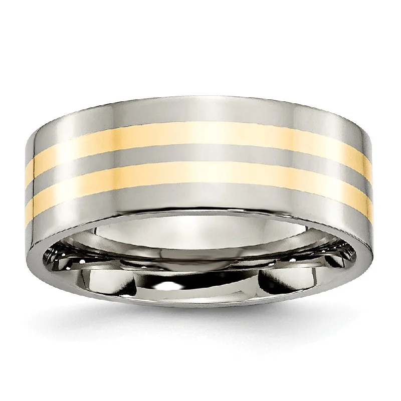 pave rings for women -Titanium and 14K Gold Double Striped, 8mm Flat Unisex Comfort Fit Band