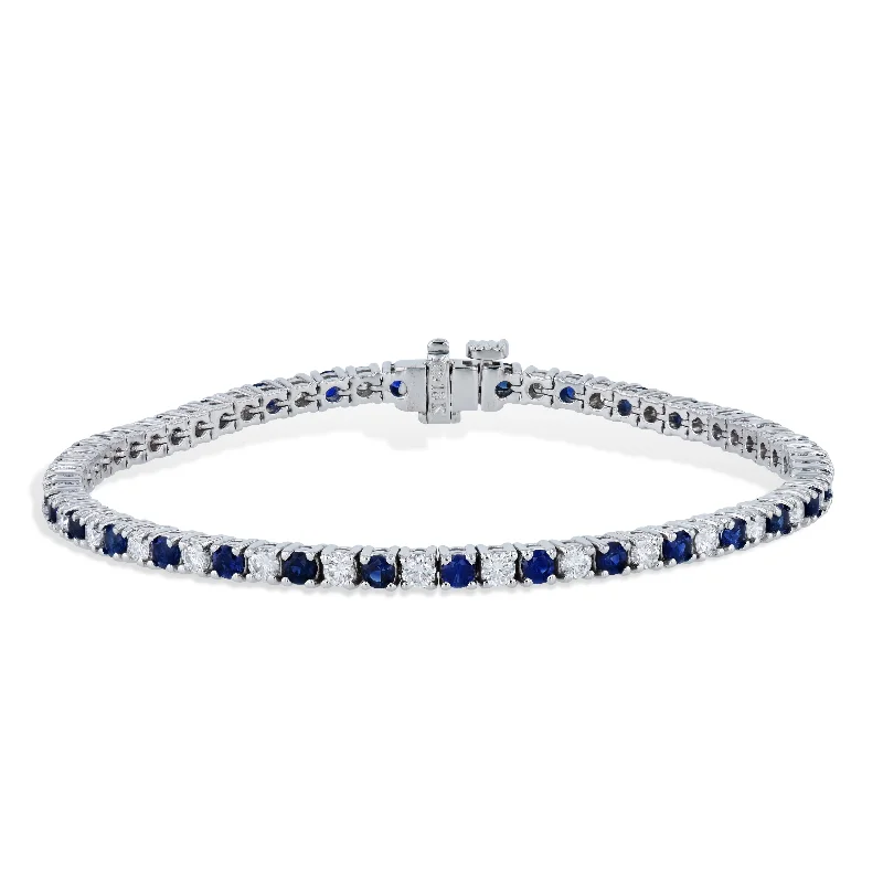 gold-plated bracelets for women -Royal Blue Sapphire and Diamond White Gold Tennis Bracelet