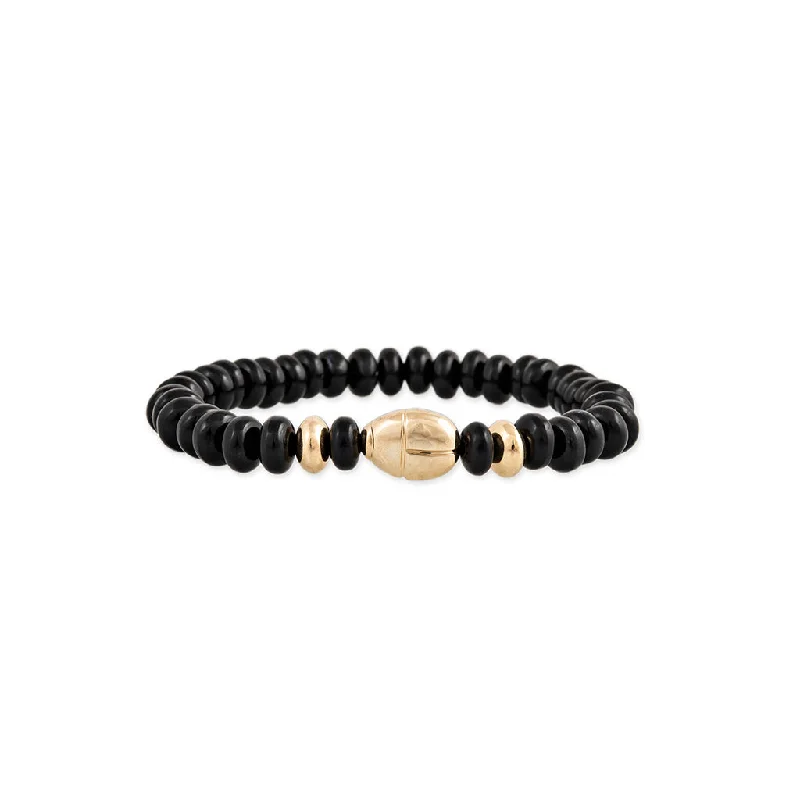 pearl bracelets for women -SCARAB + GOLD AND ONYX BEADED STRETCH BRACELET