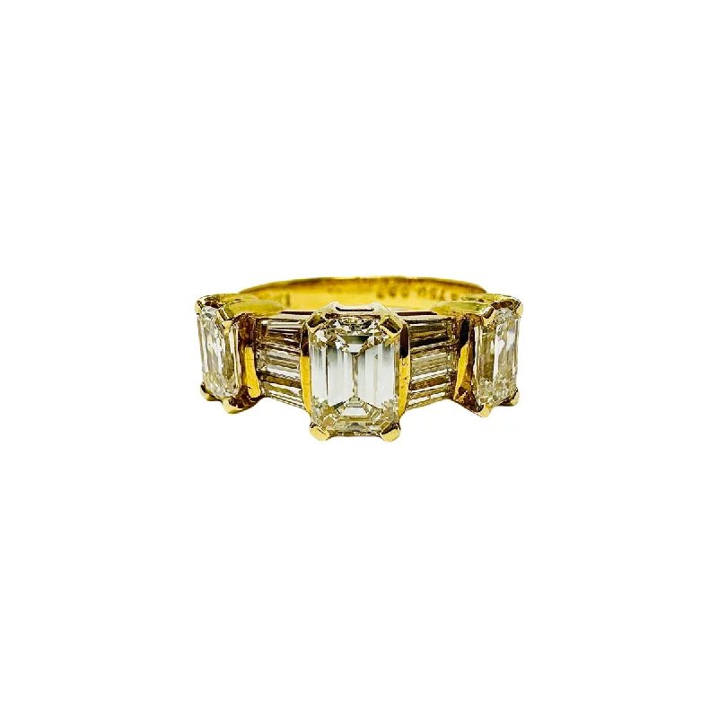 textured rings for women -NOVA 18K Gold 3 Stone Ring with Emerald Cut and Baguette Diamonds