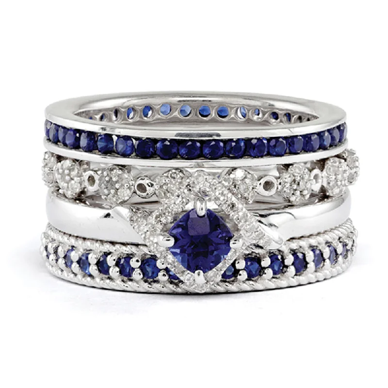 aquamarine rings for women -Sterling Silver, Created Sapphire & Diamond Paradise Stack Ring Set