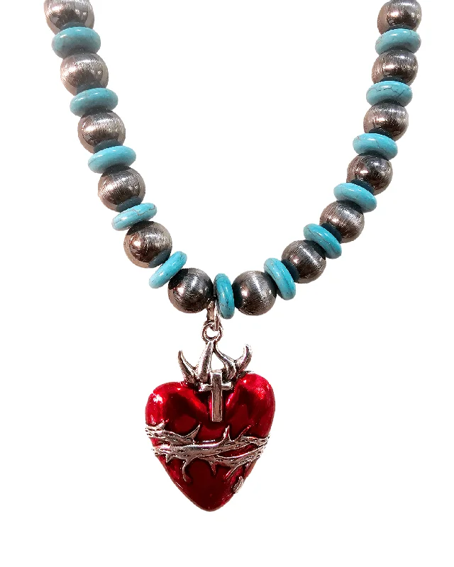 multi-layered necklaces for women -Sacred Heart Enamel Turquoise Necklace