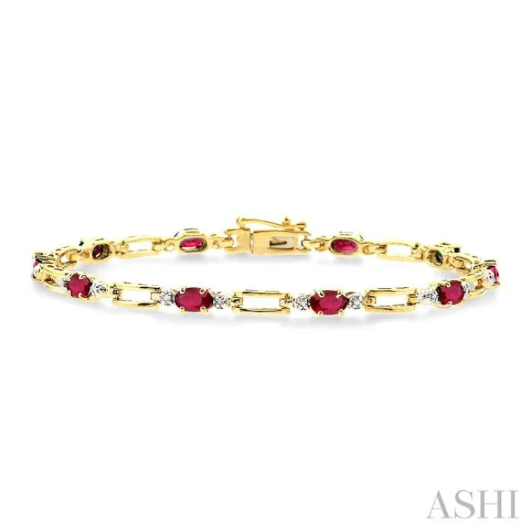 opal bracelets for women -1/10 Ctw Round Cut Diamond & 5x3MM Oval Cut Ruby Precious  Bracelet in 10K Yellow Gold