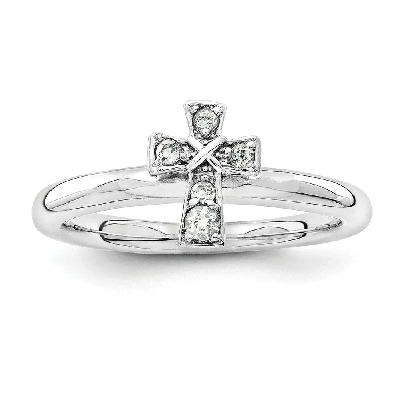 classic solitaire rings for women -Rhodium Plated Sterling Silver Stackable White Topaz 9mm Cross Ring